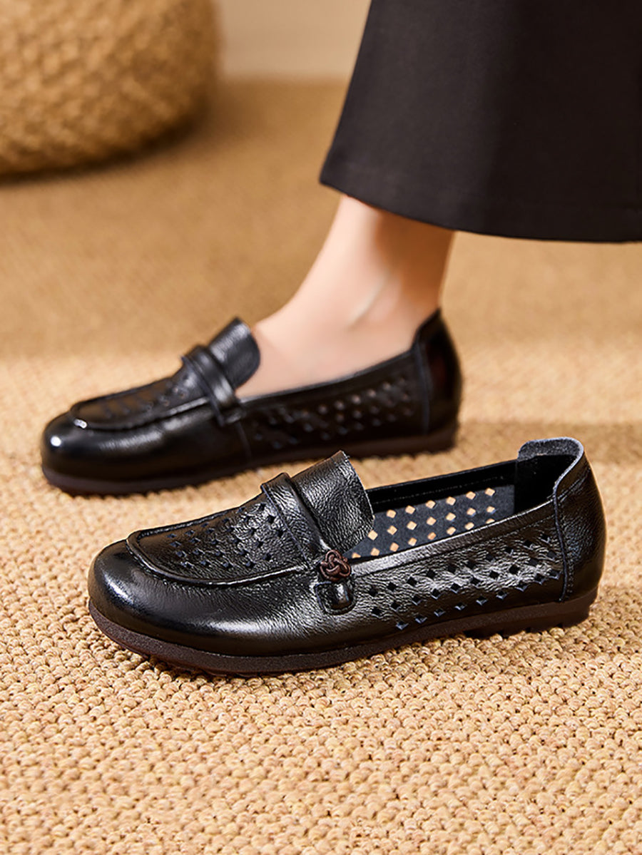 Women Summer Genuine Leather Hollow Out Flat Shoes