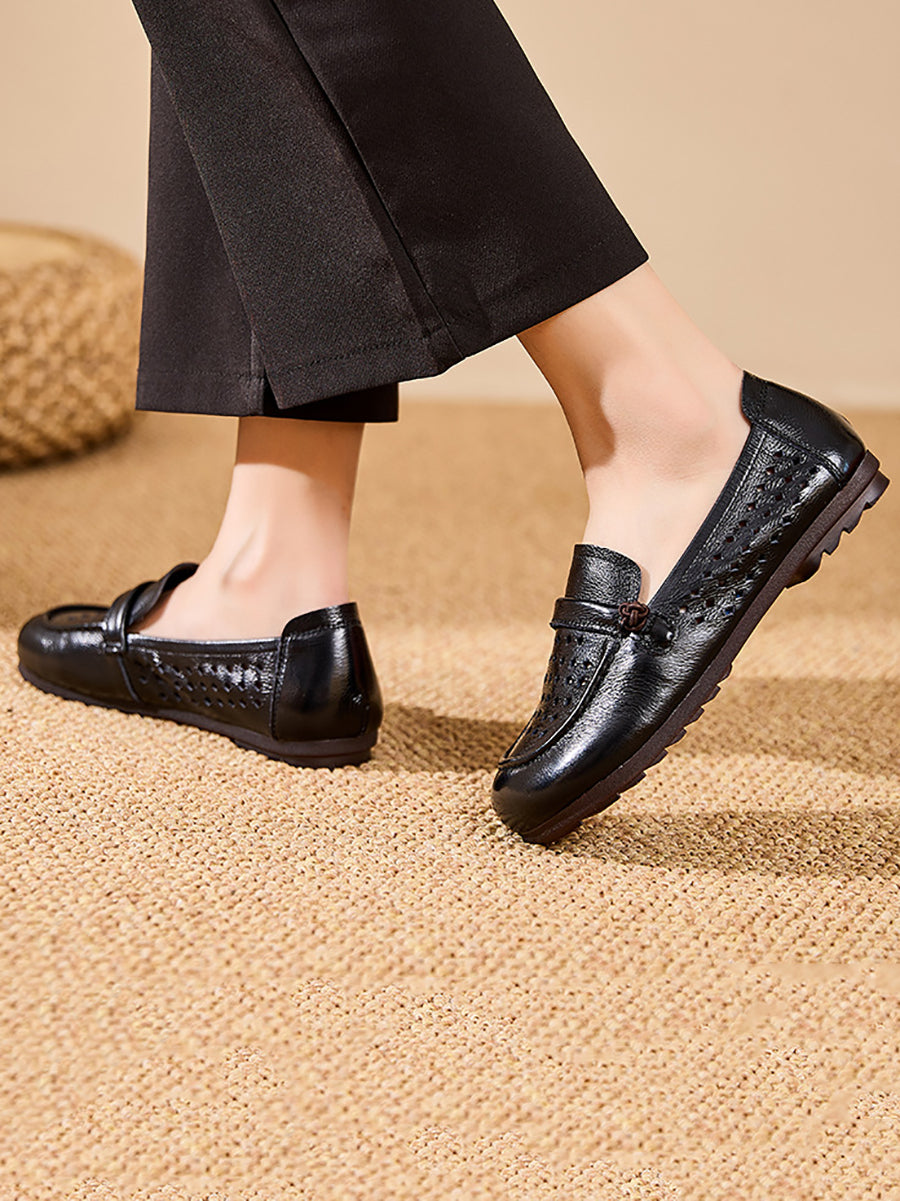 Women Summer Genuine Leather Hollow Out Flat Shoes