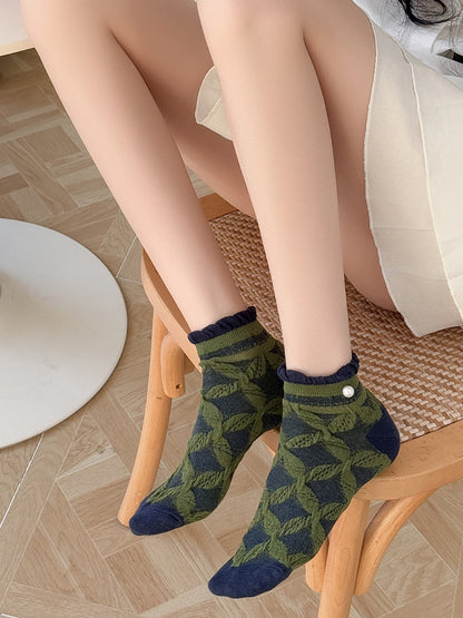 5 Pairs Women Artsy Rhomboids Colorblock Cotton Socks