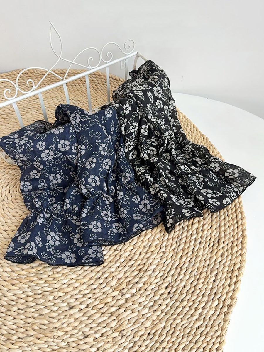 Women Summer Artsy Flower Ramie Sunpoof Sleeves