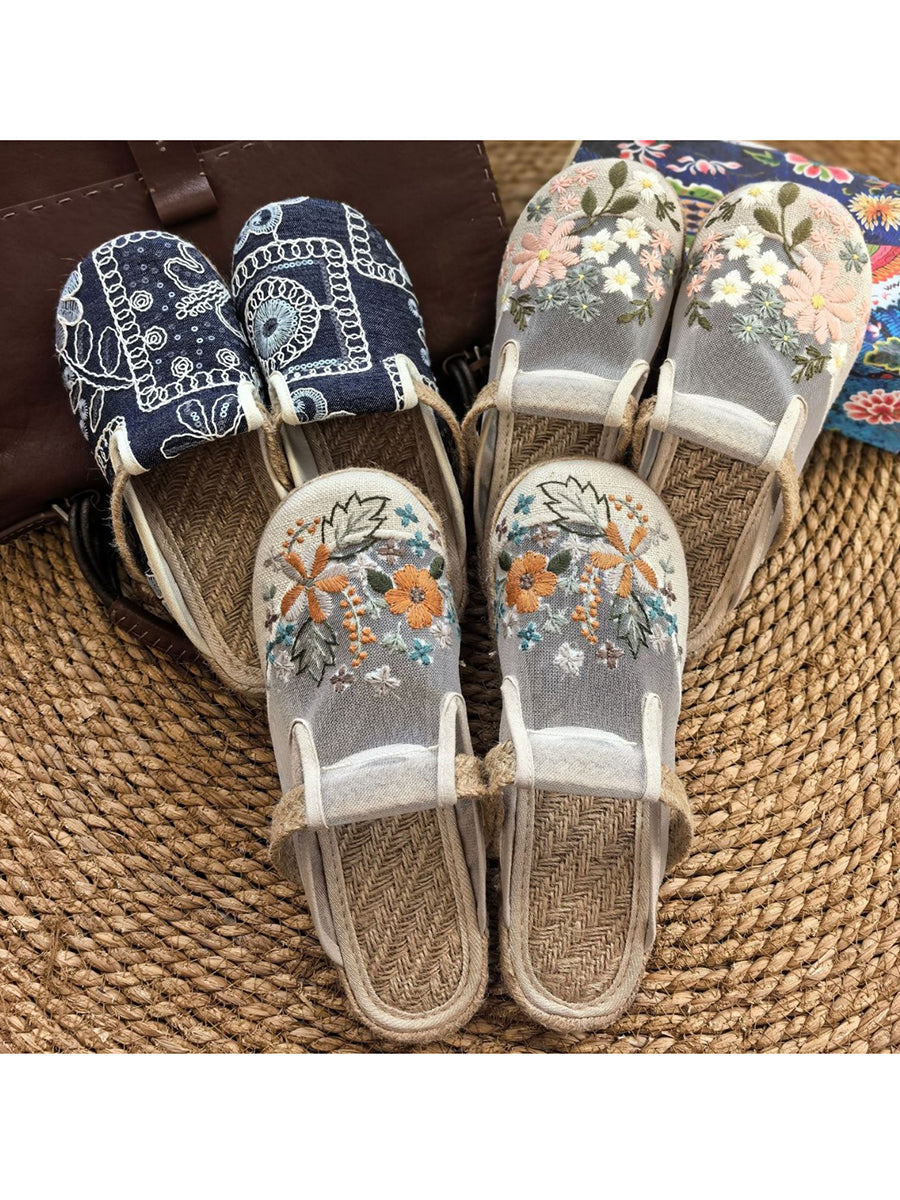 Women Summer Artsy Flower Embroidery Flat Slippers