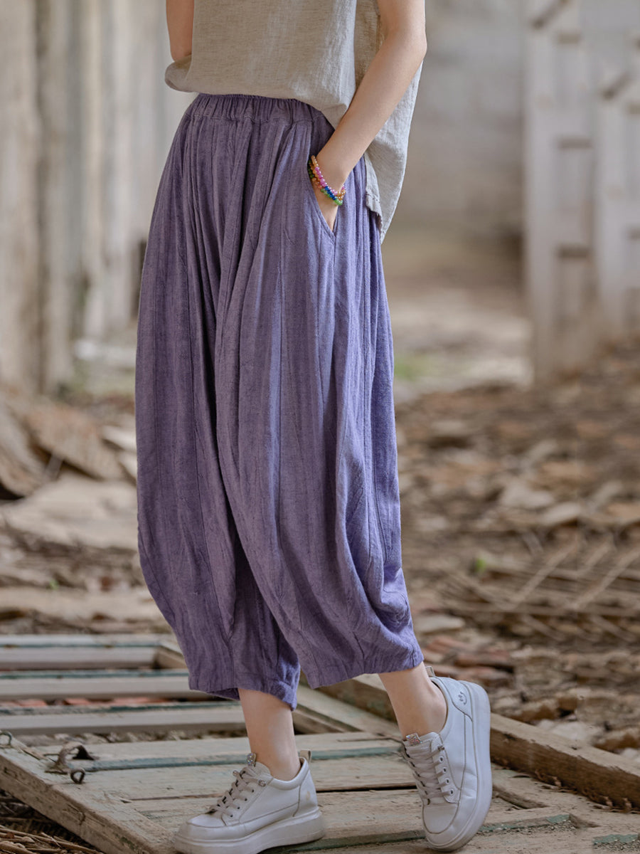 Women Retro Summer Pure Color Linen Harem Pants