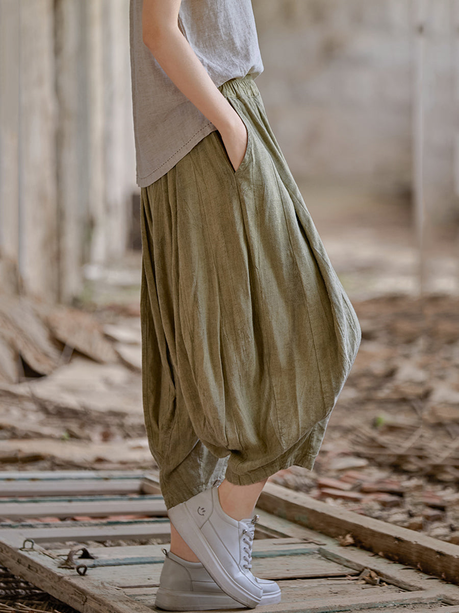 Women Retro Summer Pure Color Linen Harem Pants