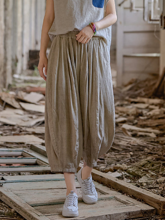 Women Retro Summer Pure Color Linen Harem Pants