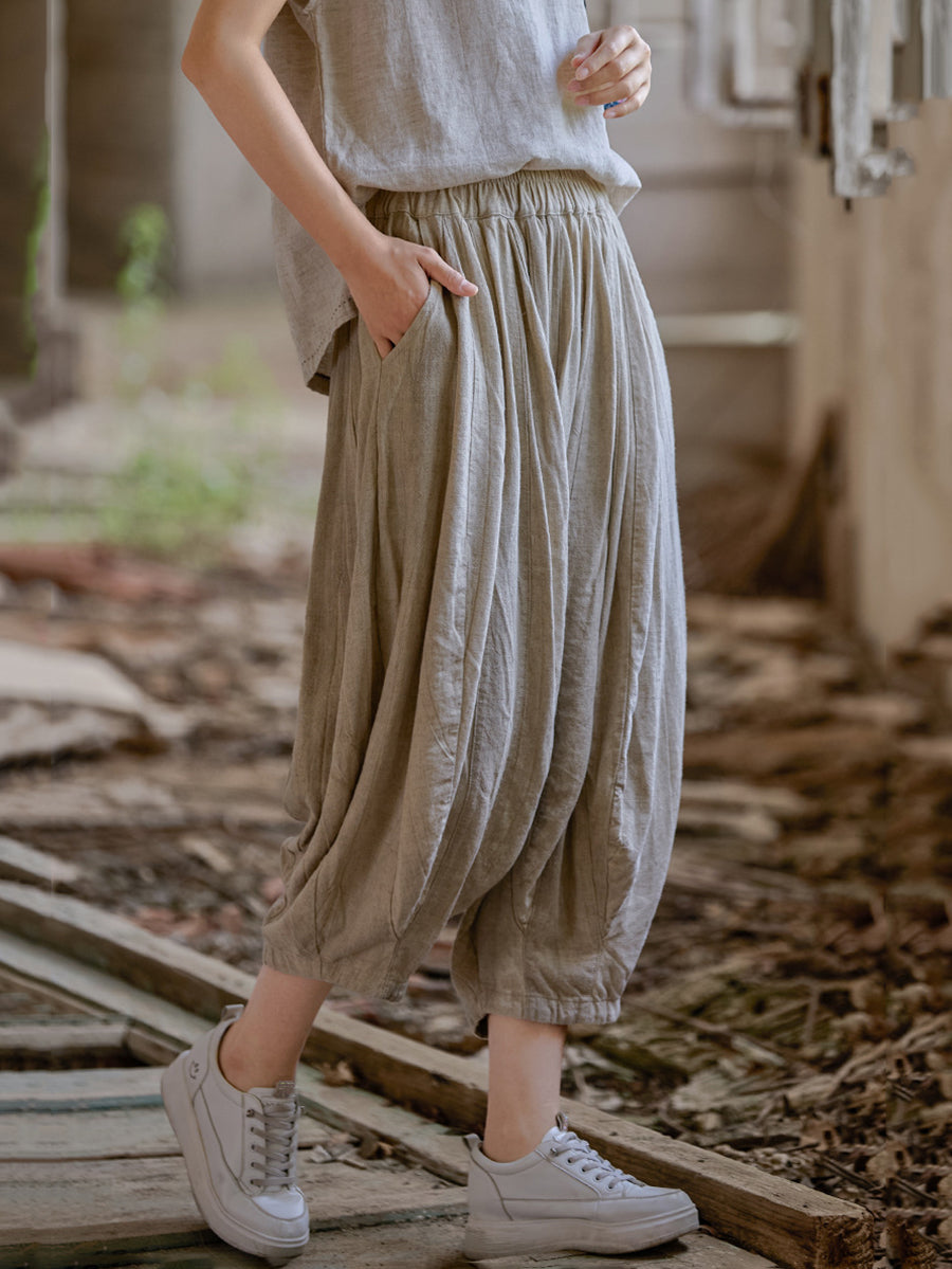 Women Retro Summer Pure Color Linen Harem Pants
