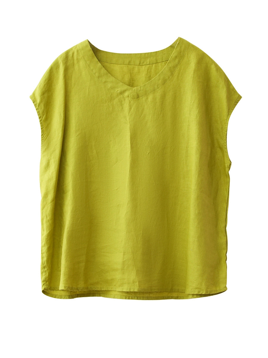 Women Summer Artsy Pure Color V-Neck 100%Linen Shirt