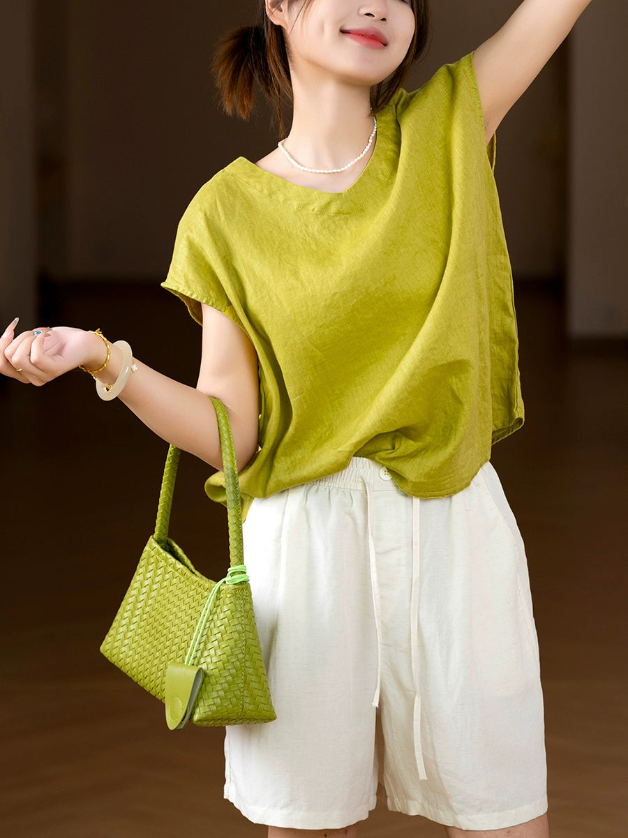 Women Summer Artsy Pure Color V-Neck 100%Linen Shirt