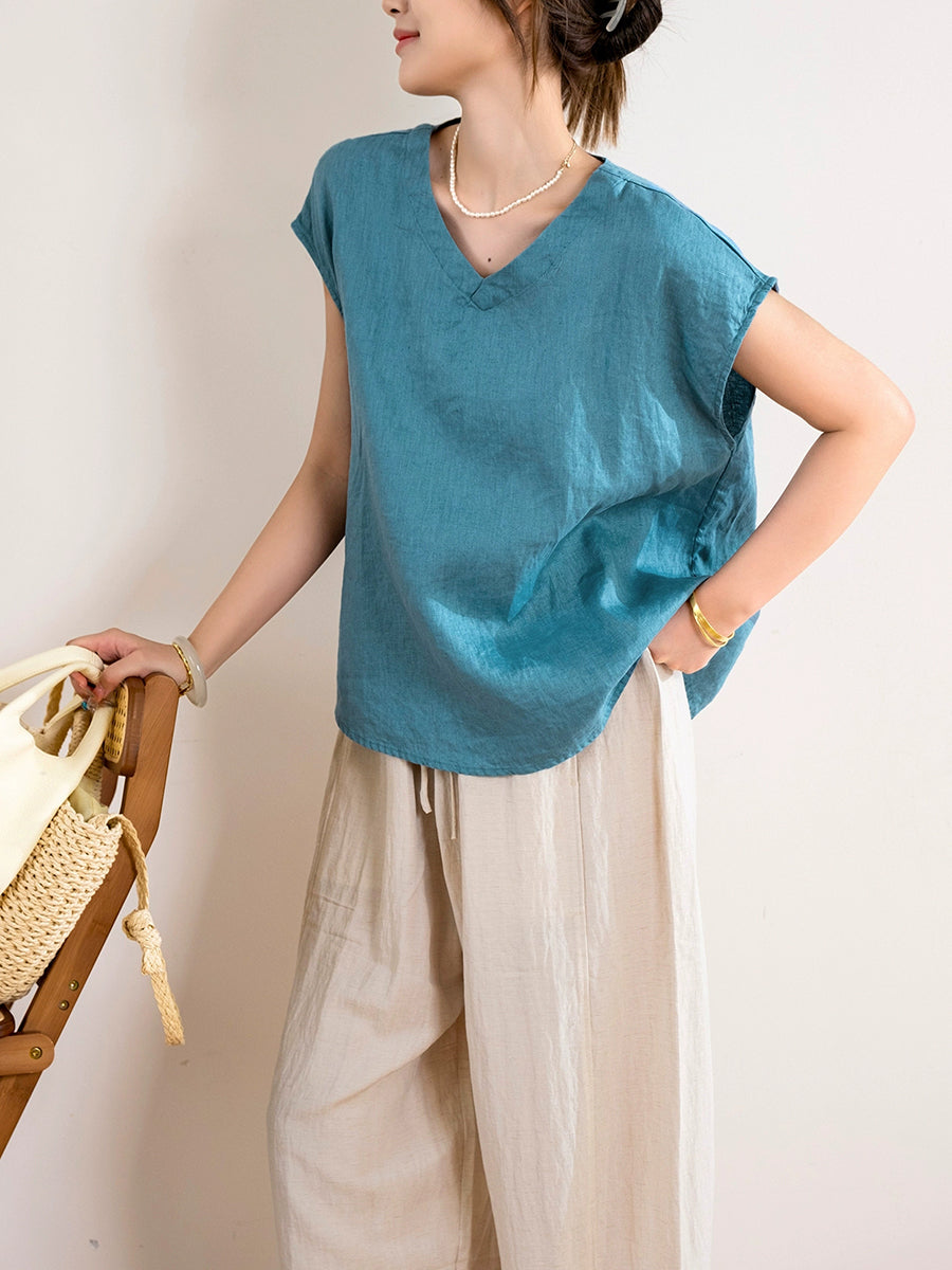 Women Summer Artsy Pure Color V-Neck 100%Linen Shirt