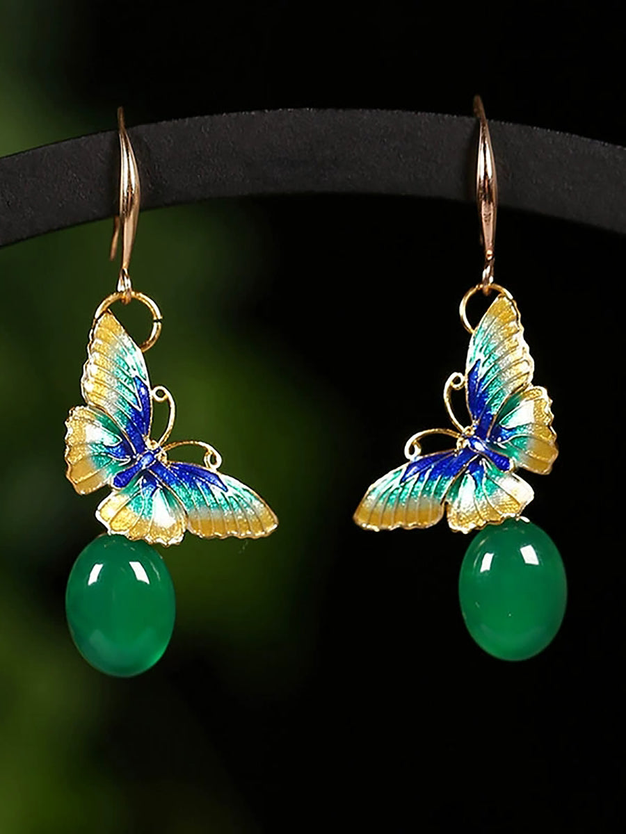 Women Ethnic Cloisonne Butterfly S925Silver Jade Earrings
