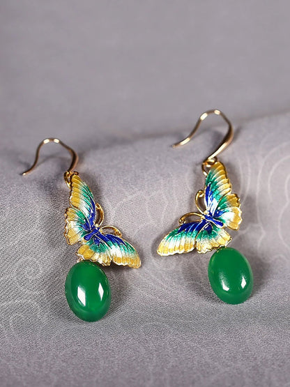 Women Ethnic Cloisonne Butterfly S925Silver Jade Earrings