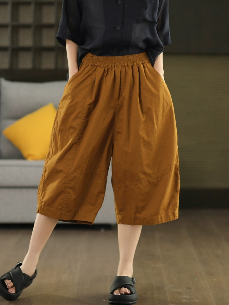 Women Summer Artsy Pure Color Cotton Calf Harem Pants