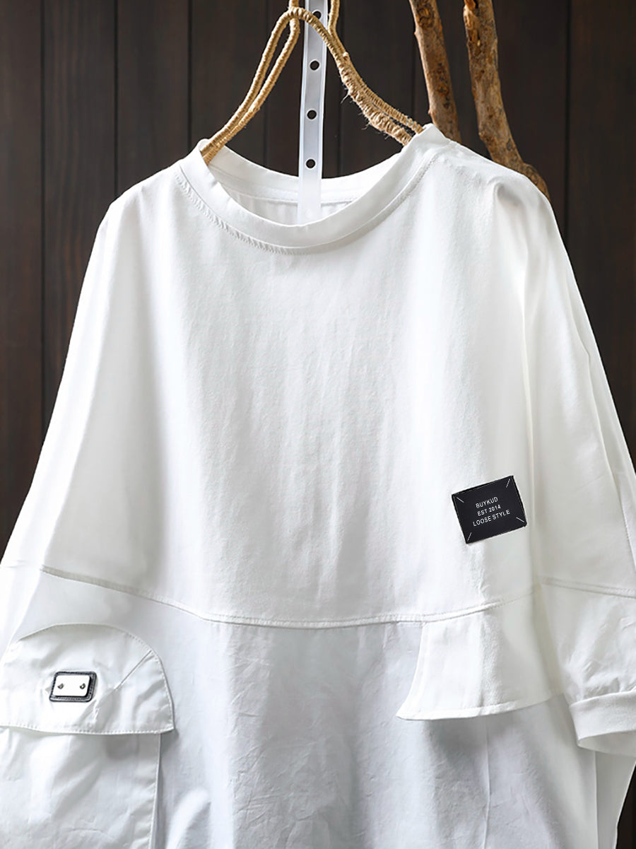 Plus Size Women Summer Pocket Pure Color O-Neck Cotton Shirt