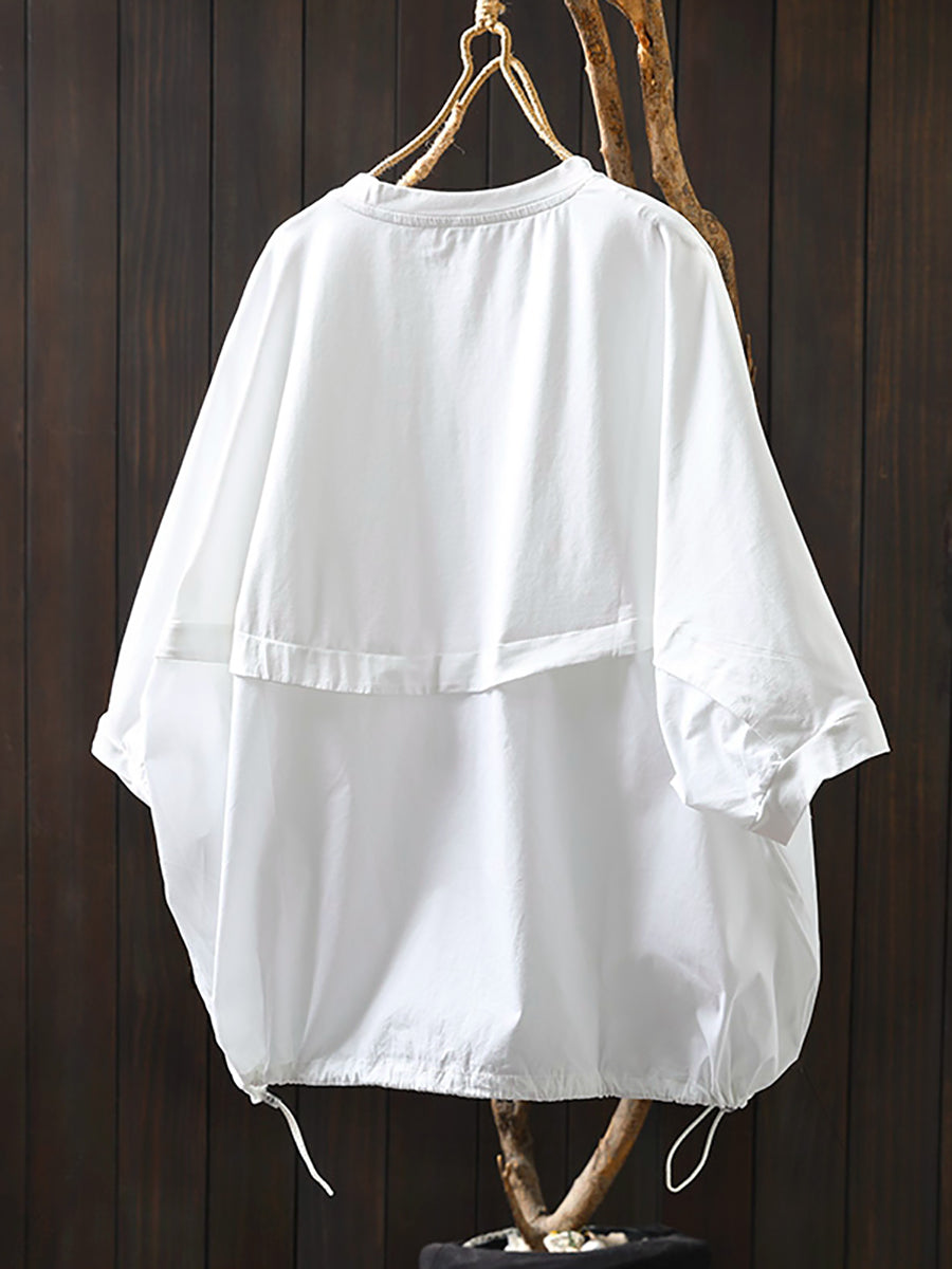 Plus Size Women Summer Pocket Pure Color O-Neck Cotton Shirt