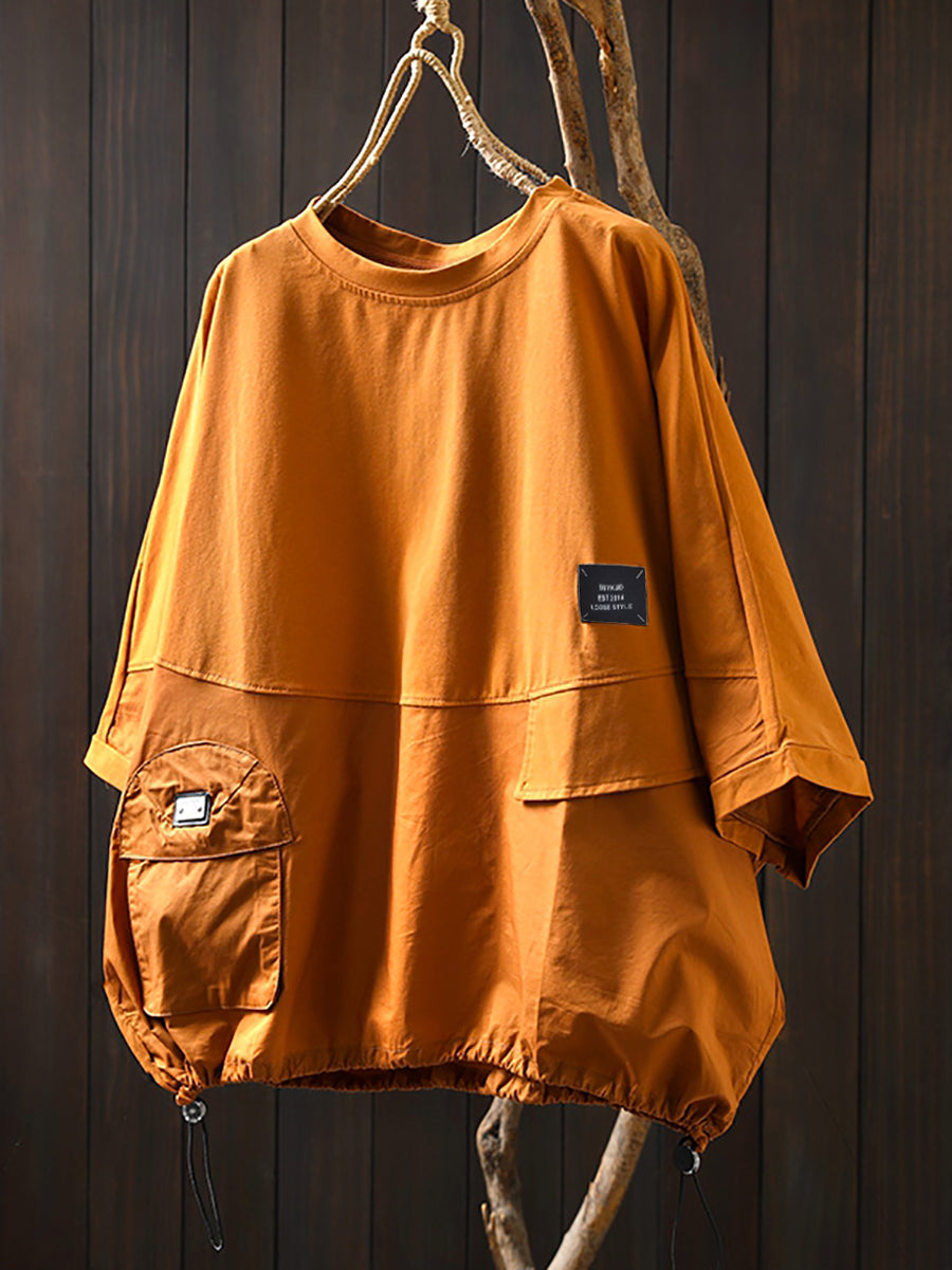 Plus Size Women Summer Pocket Pure Color O-Neck Cotton Shirt