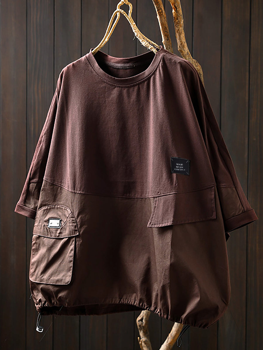 Plus Size Women Summer Pocket Pure Color O-Neck Cotton Shirt