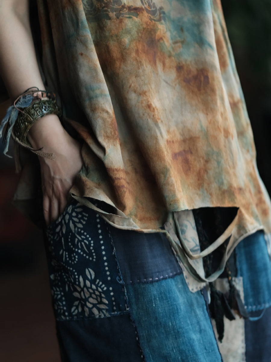 Women Summer Retro Tie-dye Frayed V-Neck Cotton Vest