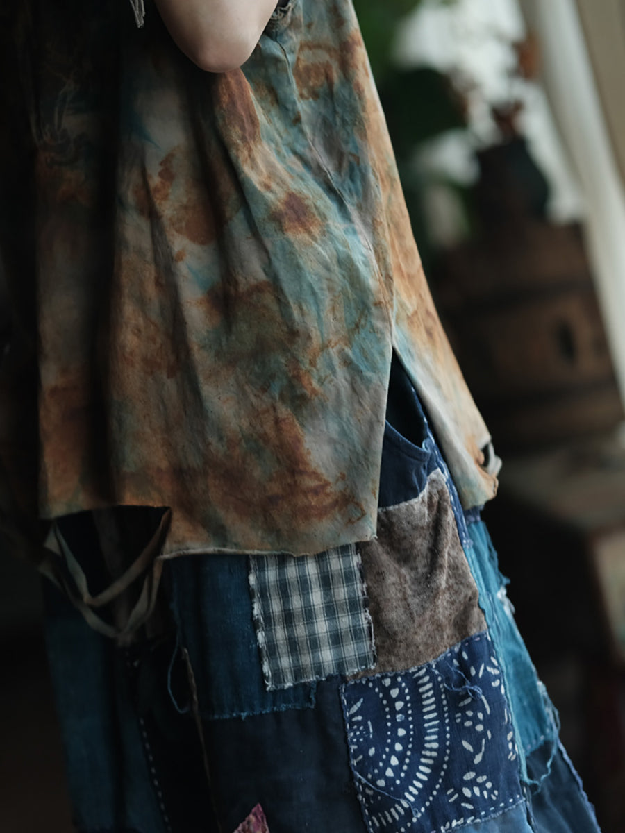 Women Summer Retro Tie-dye Frayed V-Neck Cotton Vest