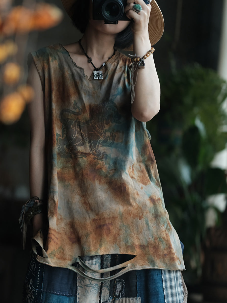 Women Summer Retro Tie-dye Frayed V-Neck Cotton Vest