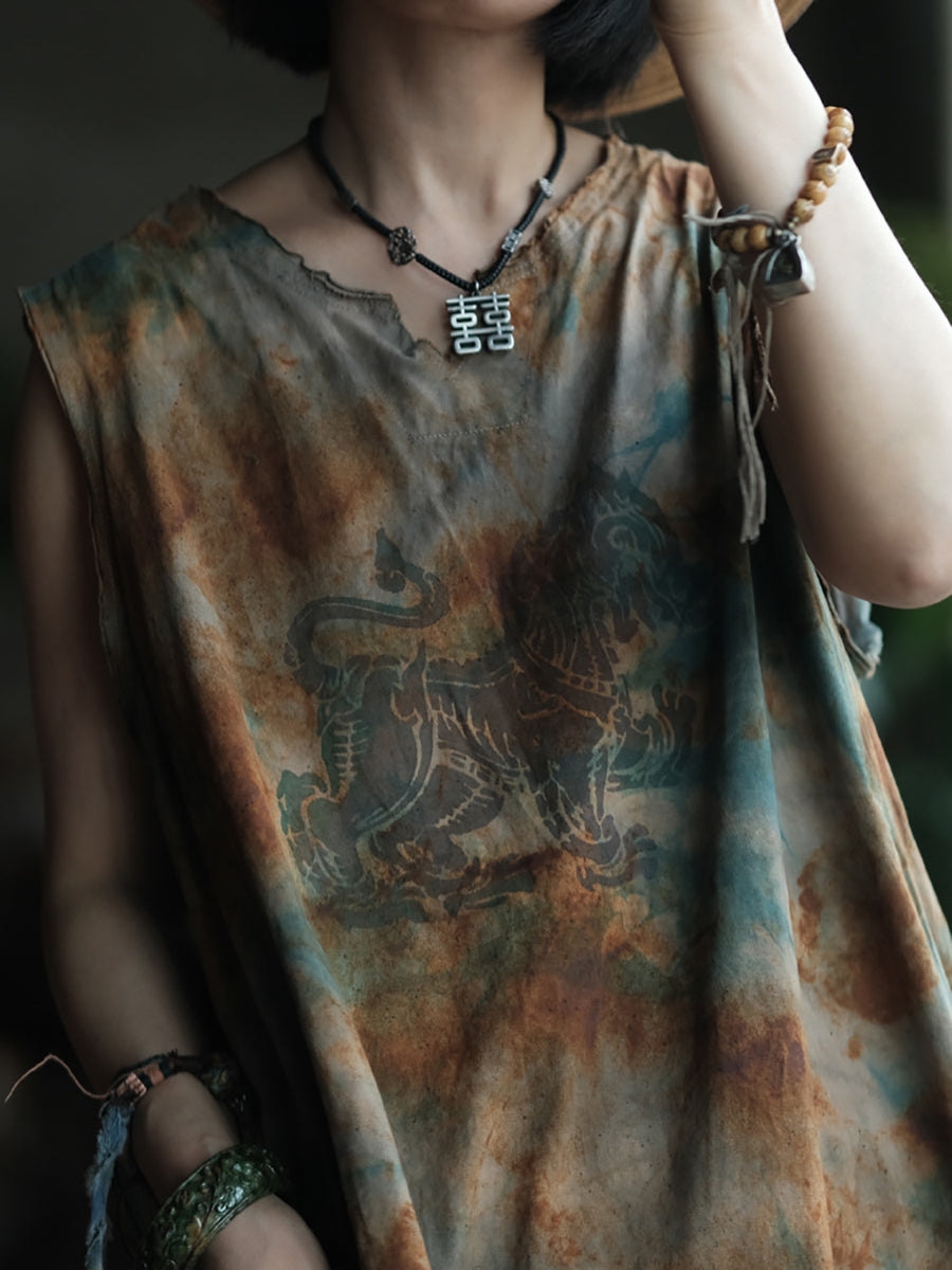 Women Summer Retro Tie-dye Frayed V-Neck Cotton Vest