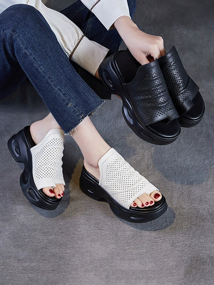 Women Summer Casual Genuine Leather Platform Slippers