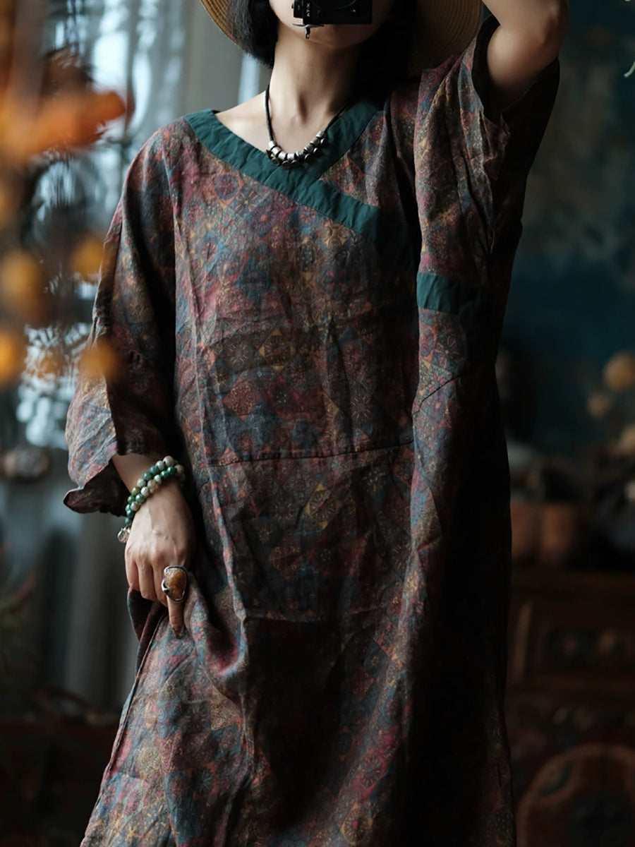 Women Summer Ethnic Flower 100%Ramie V-Neck Dress