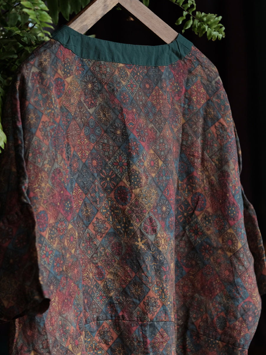 Women Summer Ethnic Flower 100%Ramie V-Neck Dress