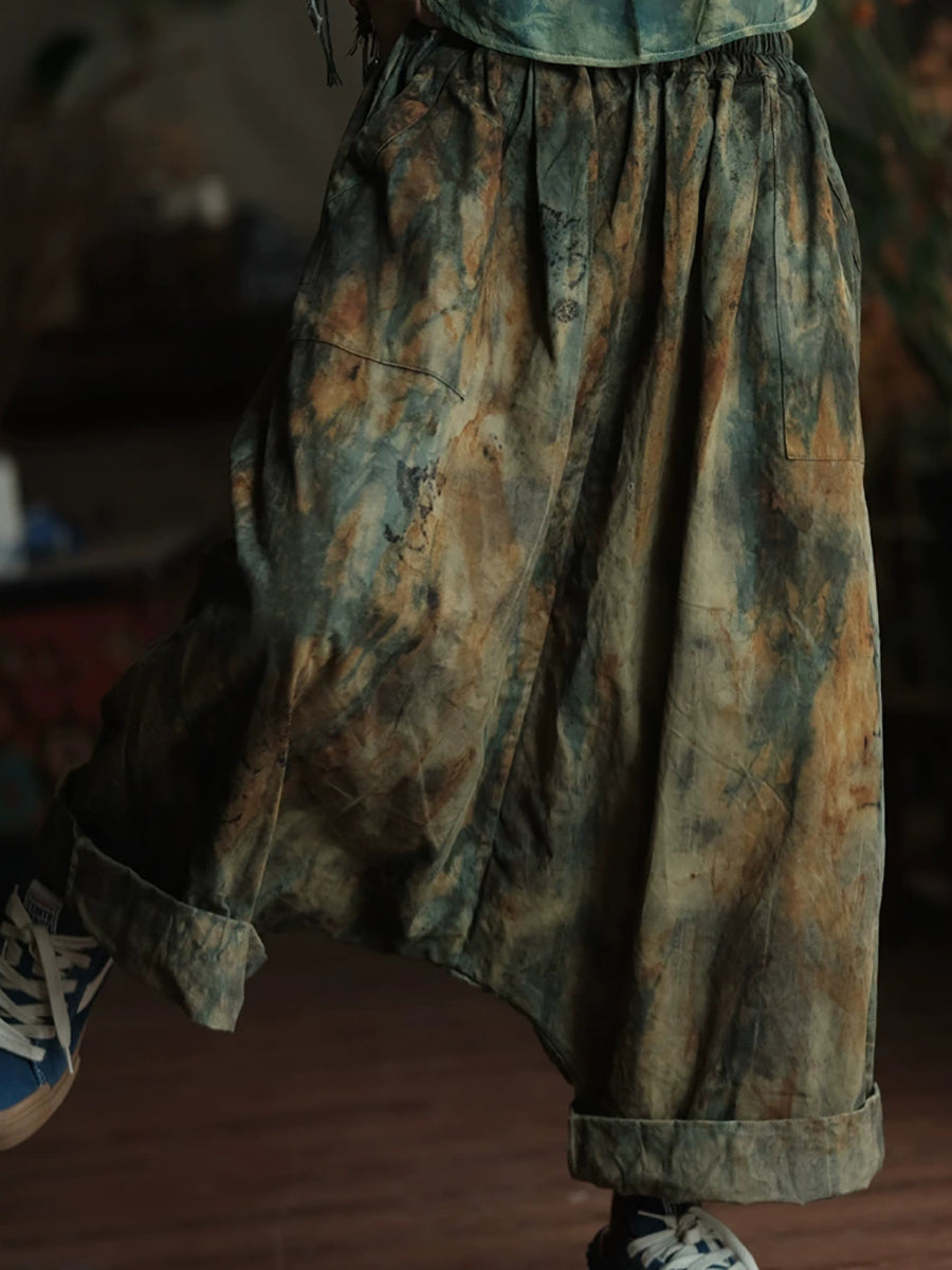 Women Summer Retro Tie-dye Cotton Wide-leg Pants