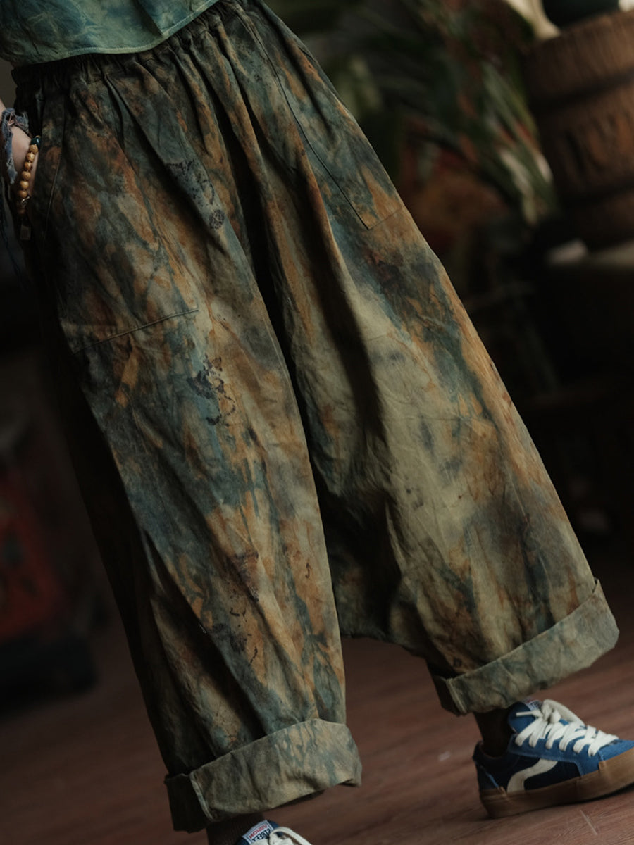 Women Summer Retro Tie-dye Cotton Wide-leg Pants