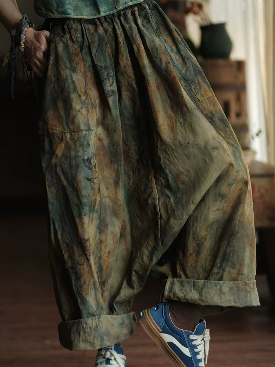 Women Summer Retro Tie-dye Cotton Wide-leg Pants