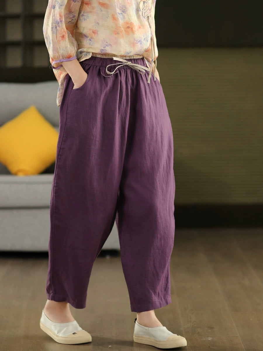 Women Summer Retro Pure Color 100%Linen Harem Pants