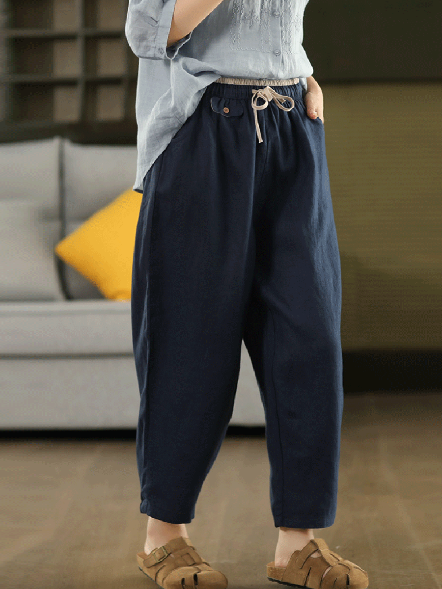 Women Summer Retro Pure Color 100%Linen Harem Pants