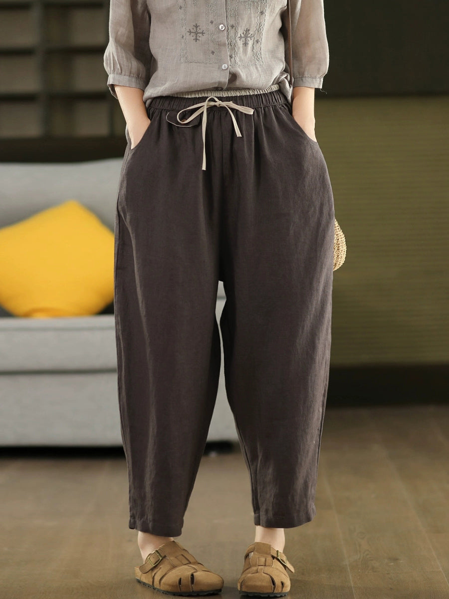 Women Summer Retro Pure Color 100%Linen Harem Pants