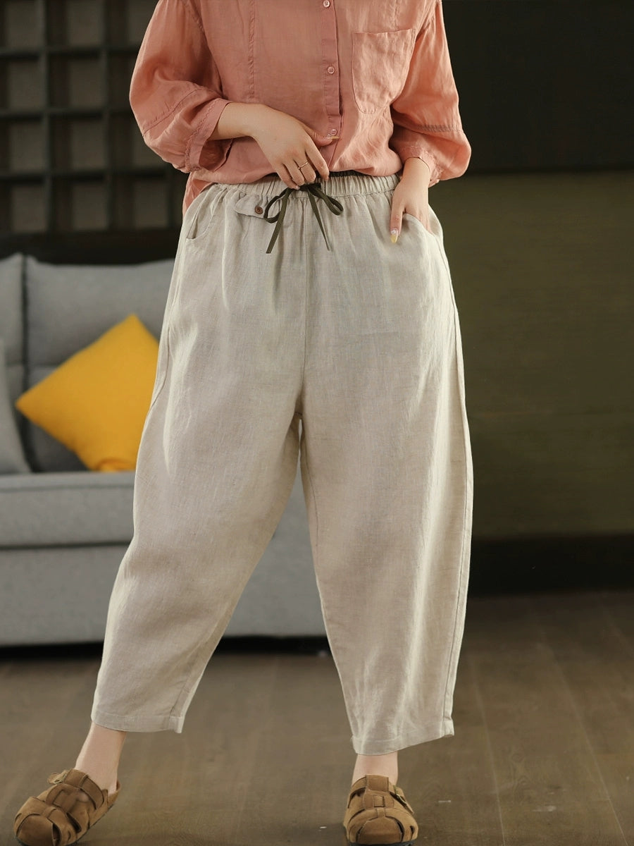 Women Summer Retro Pure Color 100%Linen Harem Pants