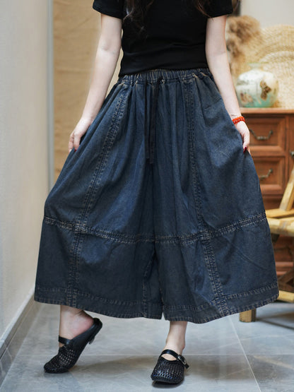 Women Casual Summer Pure Color Denim Wide-leg Pants