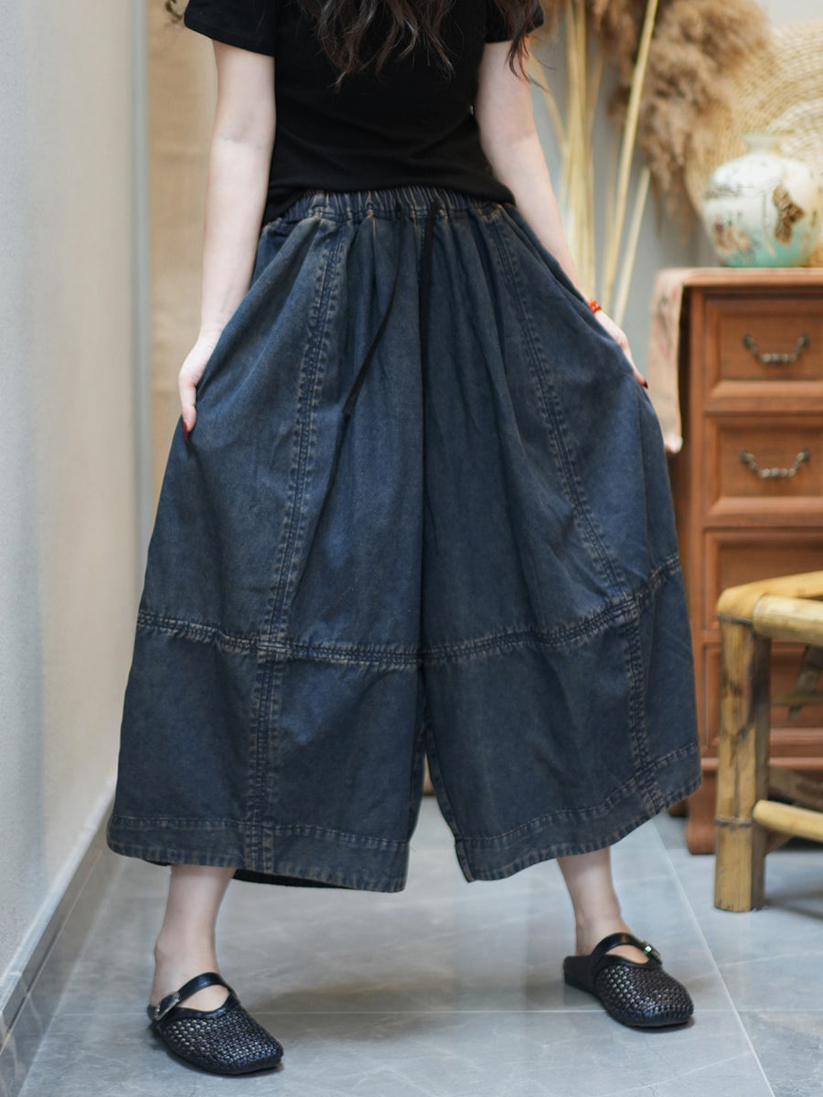 Women Casual Summer Pure Color Denim Wide-leg Pants