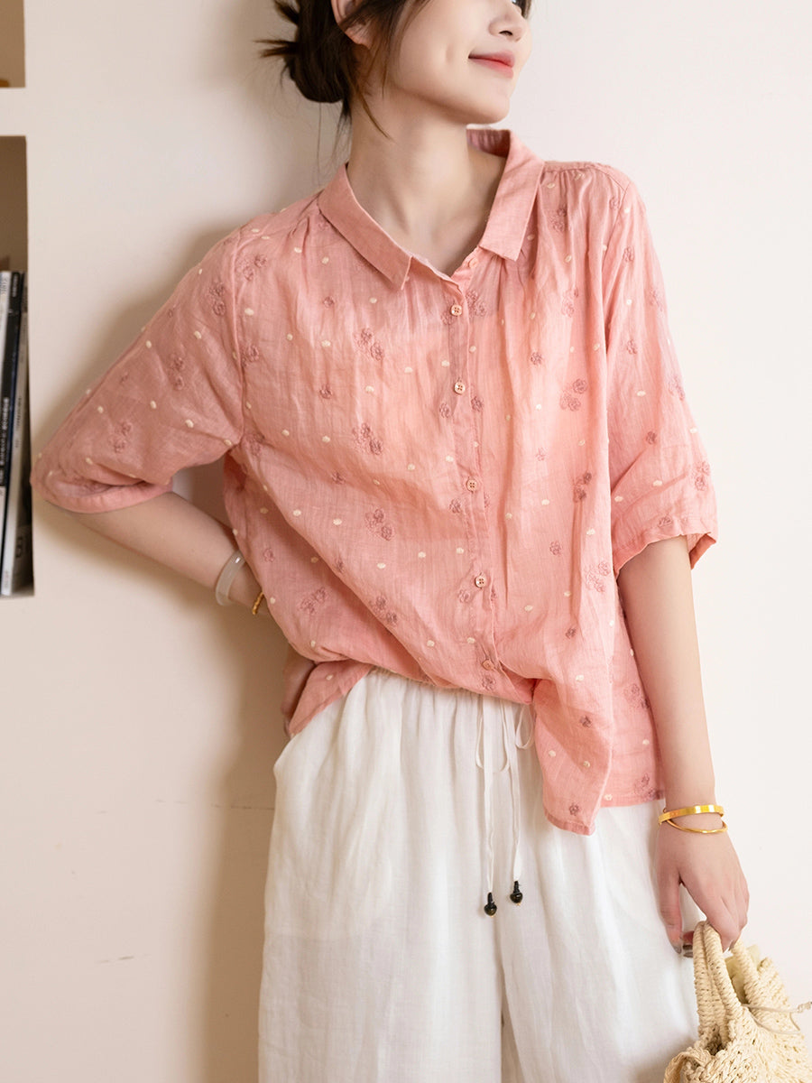 Women Summer Artsy Embroidery 100%Ramie Turn-down Collar Shirt