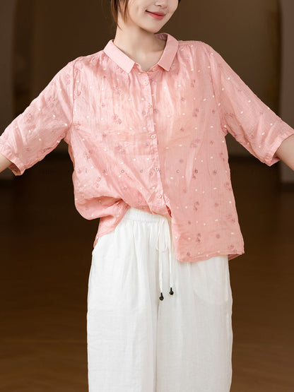 Women Summer Artsy Embroidery 100%Ramie Turn-down Collar Shirt