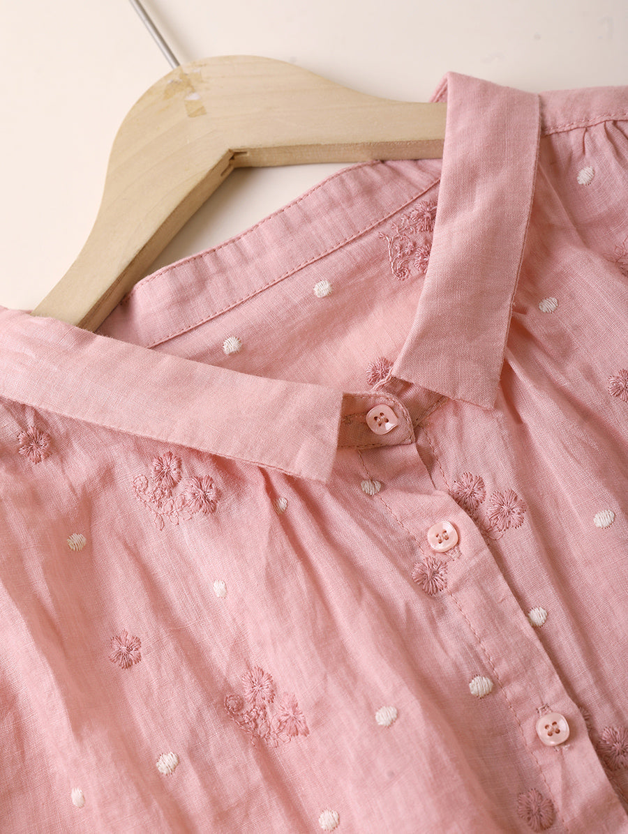 Women Summer Artsy Embroidery 100%Ramie Turn-down Collar Shirt