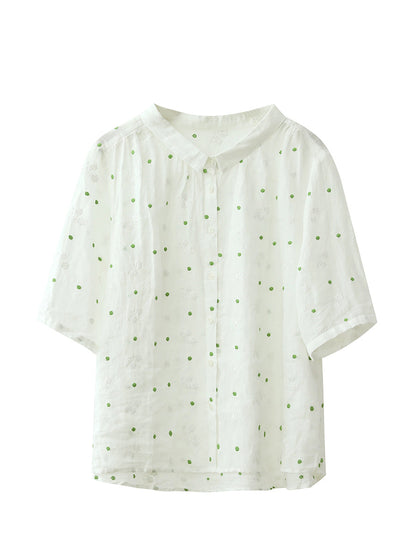 Women Summer Artsy Embroidery 100%Ramie Turn-down Collar Shirt