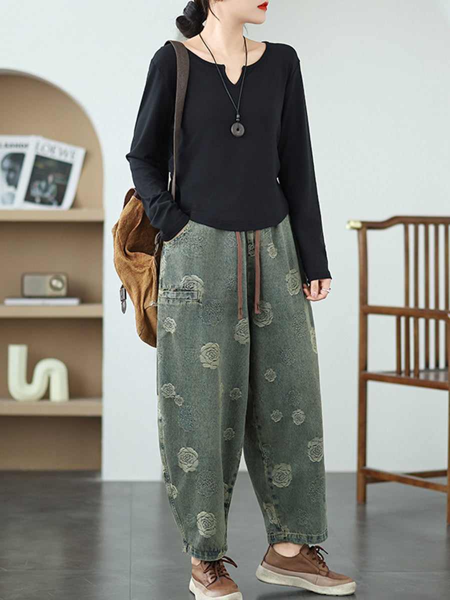 Women Artsy Summer Rose Denim Harem Pants