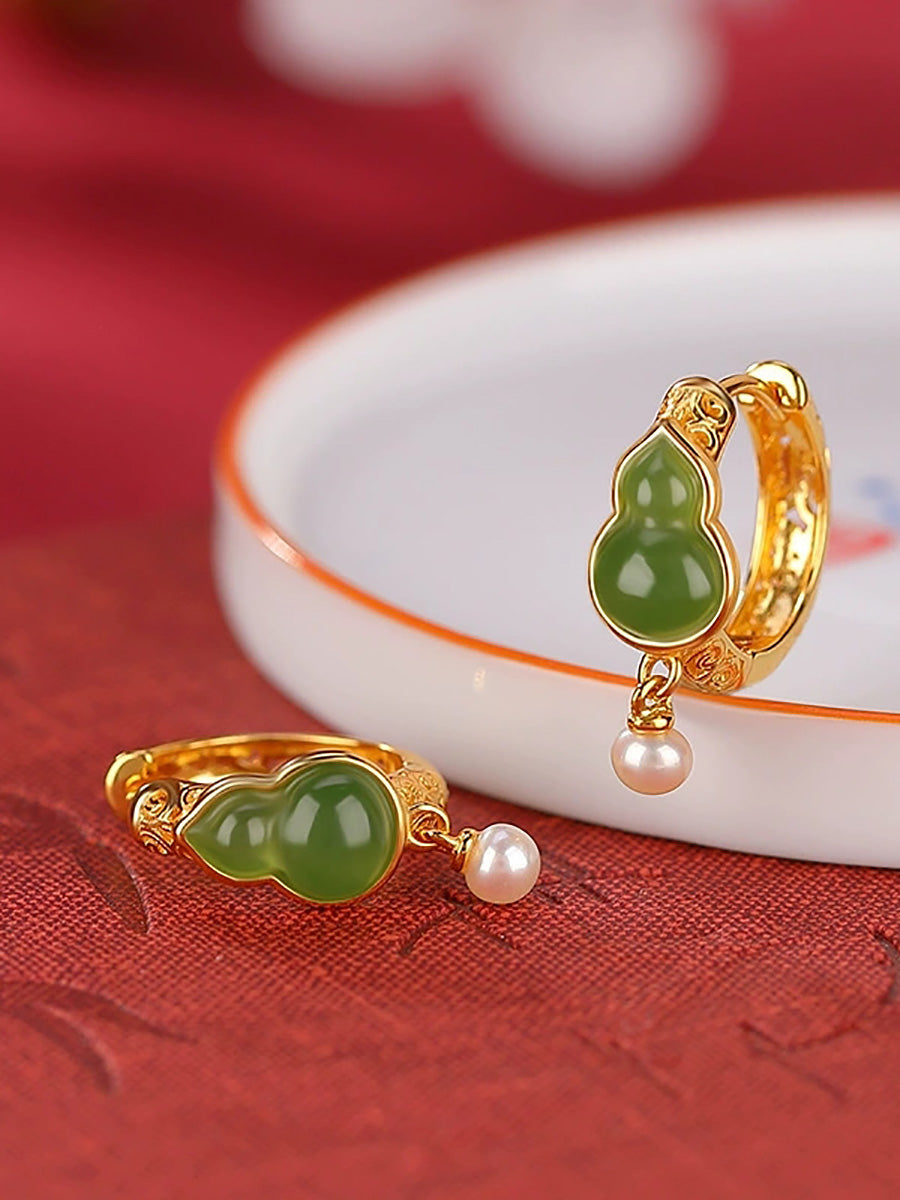 Women Vintage Jade Gourd Pearl Alloy Earrings
