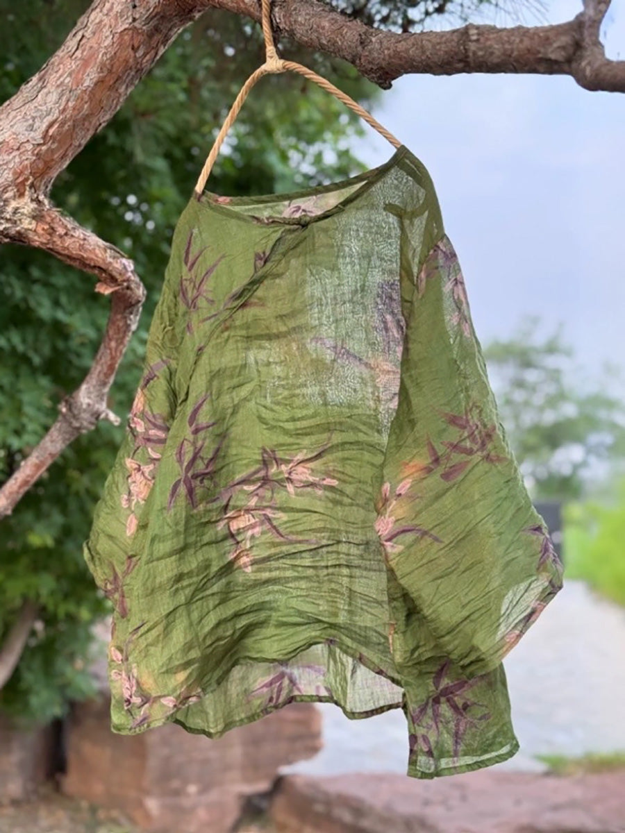 Women Summer Ethnic Flower Ramie O-Neck Shirt