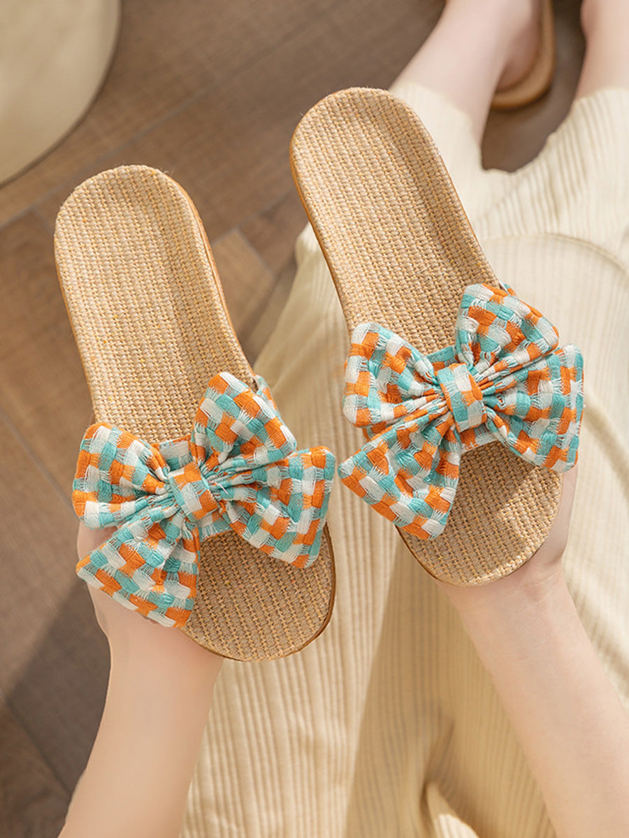 Women Summer Artsy Plaid Bowknot Linen Slippers