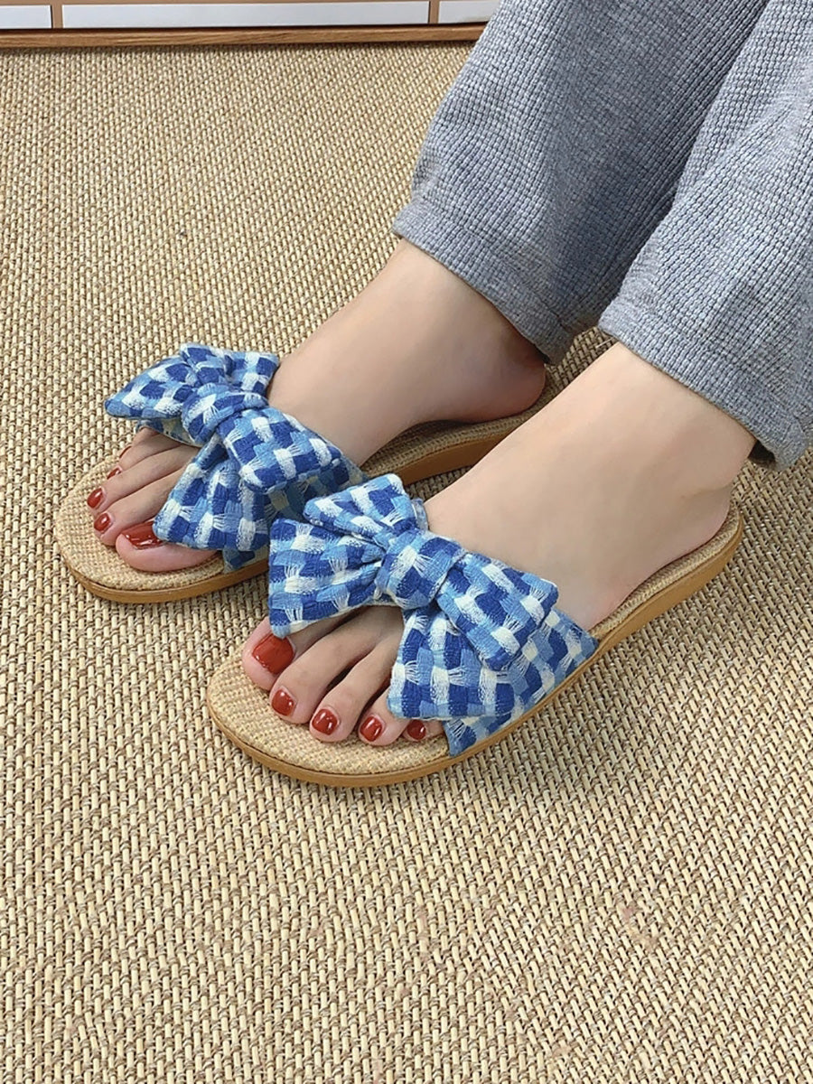 Women Summer Artsy Plaid Bowknot Linen Slippers