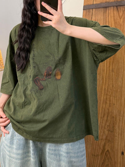 Women Summer Retro Cotton Vase O-Neck Shirt