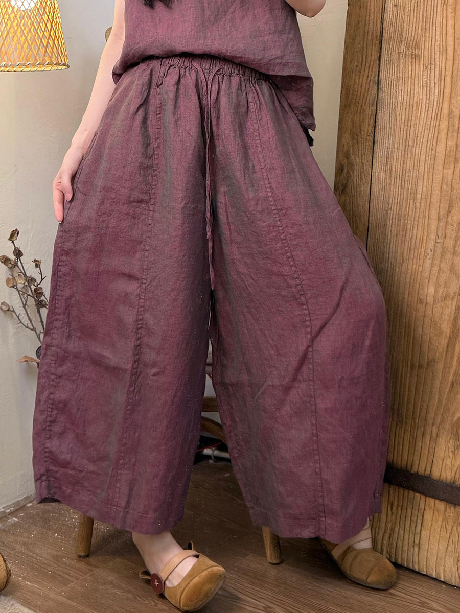 Women Summer Retro Pure Color Linen Wide-leg Pants