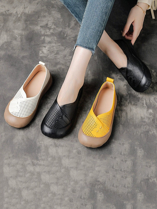Women Summer Pure Color Leather Spliced Flat Shoes
