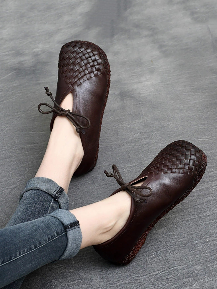 Women Summer Vintage Leather Weave Low Heel Shoes