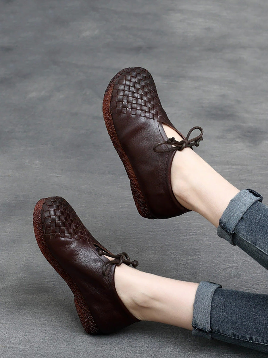 Women Summer Vintage Leather Weave Low Heel Shoes
