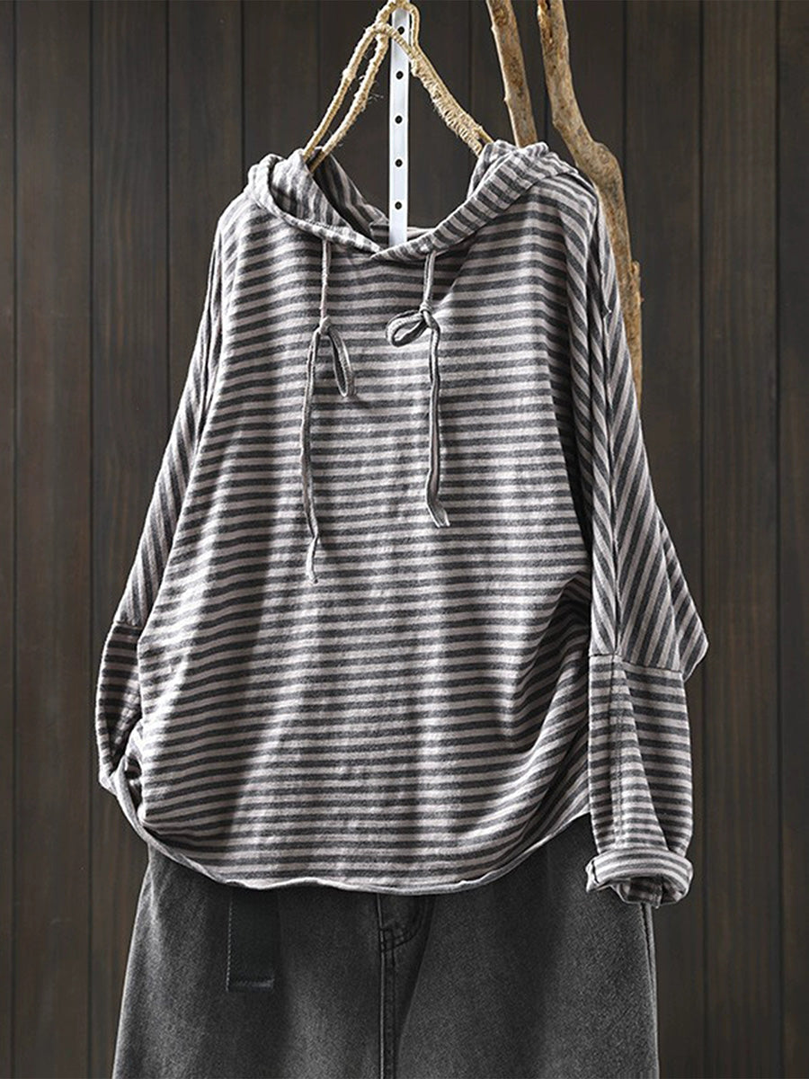 Women Autumn Artsy Stripe 100%Cotton Hooded Shirt